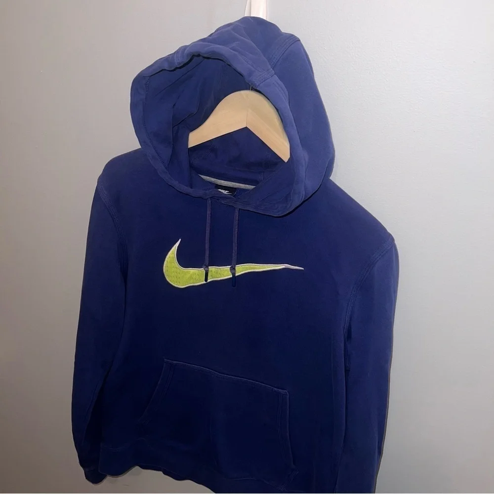Nike Men's size M Center Swoosh Fleece Hoodie Blue/Lime Green Sweatshirt‎